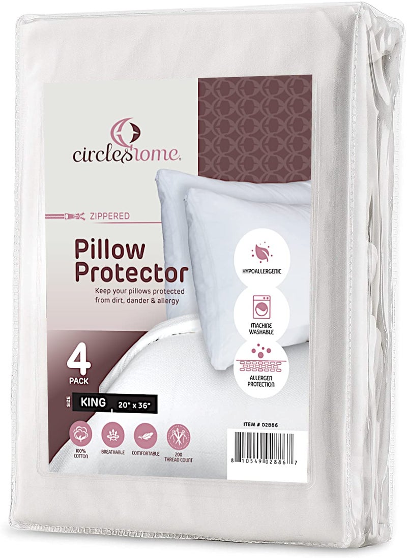 Zippered Pillow Protectors 4 Pack - 100% cotton Breathable Pillow covers - Protects from Dirt  Dust  and Debris (King - Set of 4 - 20x36)